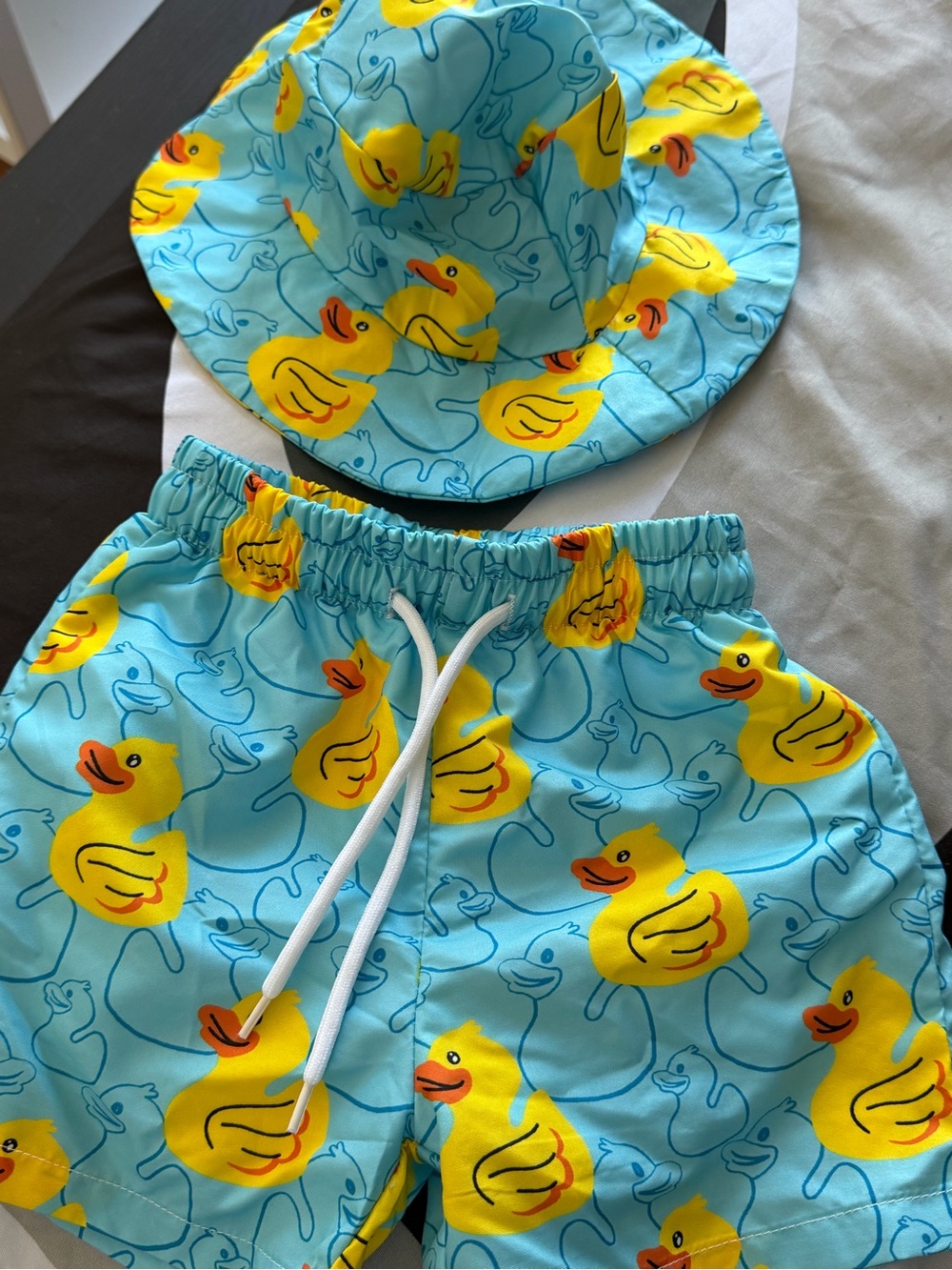 SHEIN Blue & Yellow Rubber Duck Swim Shorts with Matching Bucket Hat